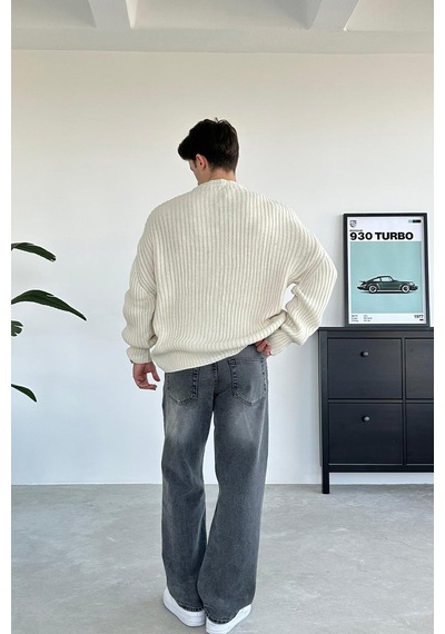 Krem Bisiklet Yaka Fitilli Oversize Triko Kazak Krem
