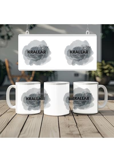 Krallar Martta Doğar Gri Sis Ve Taç Desenli Kupa Bardak - Erkeklere Özel Doğum Günü Hediyesi Beyaz