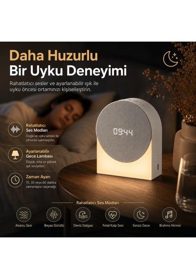 Polham 4in1 Arada Bluetooth Uyku Hoparlörü Gece Lambası, Dijital Saat, Alarm Ve Rahatlatıcı Uyku Sesleri