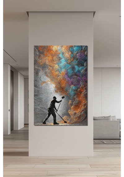 Soyut Sanat Baskılı Cam Tablo Renkli Fırça Efektli Modern Duvar Dekoru