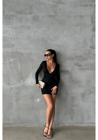 Dip Moda Kadın Bel Ve Göğüs Dekolteli Mini Elbise Dpnbdf085 Siyah