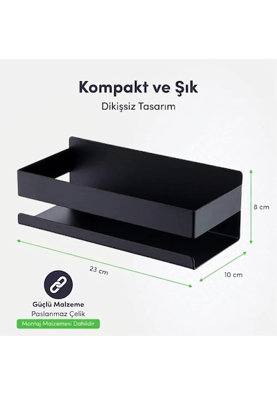 Siyah Paslanmaz Metal Banyo Rafı - 3m Yapışkanlı Duş Rafı Ve Mutfak Düzenleyici Organizer - Matkap Gerektirmeyen Kolay Montaj