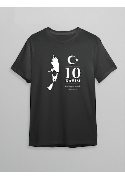 Novalisse 10 Kasım Atatürk Anma Günü Silüet Baskılı Oversize Bisiklet Yaka T-shirt - Siyah Çoklu Renk