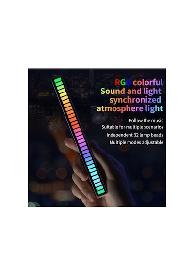 Sese Duyarlı Rgb Led Işık Ritim Işığı 32 Bit Göstergeli Araba/pc/tv/oda/masaüstü Için Renkli Led Işık Şarjlı Ekolayzır Işık Çubuğu Siyah