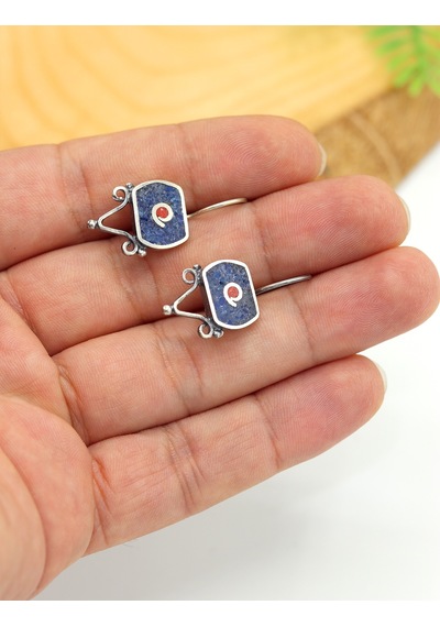 Lacivert Mozaik Taşlı Altıgen Model El İşi Otantik Kadın Gümüş Küpe 201025557