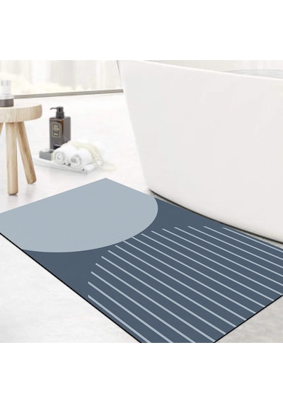 Dijital Kaymaz Yıkanabilir Banyo Mutfak Salon Paspas Halısı Trend Modern Al4004 Indigo
