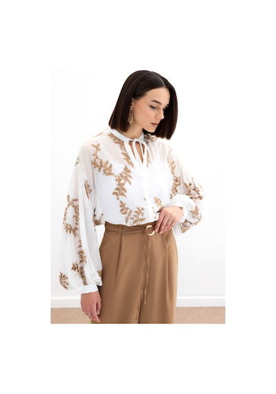 Sateen Nakışlı Şifon Gömlek - Camel-136180 CAMEL