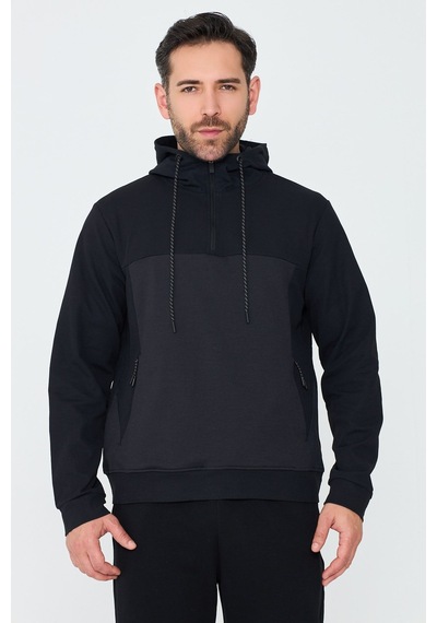 White Stone Siyah Kapüşonlu Yarım Fermuarlı Yandan Cepli Erkek Sweatshirt