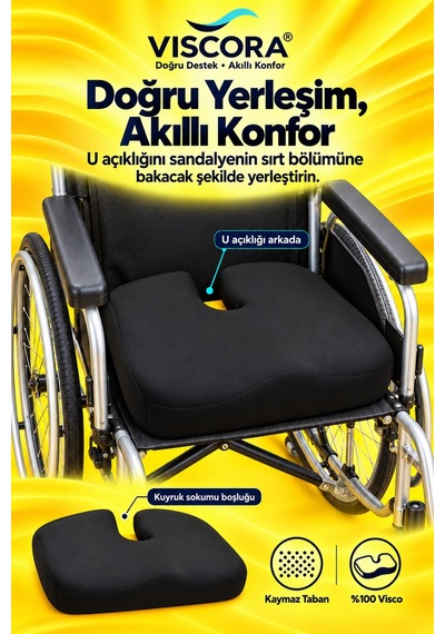 Tekerlekli Sandalye Minderi Visco U Şekilli Kuyruk Sokumu Destekli Kaymaz Oturma Minderi Siyah
