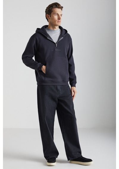 Grimelange Pavle Erkek Kapüşonlu Kanguru Cepli Fermuar Yakalı Siyah Sweatshirt