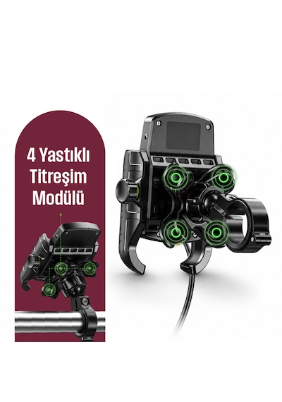 Sf Pro 4 Yastıklı Titreşim Modüllü Motosiklet Telefon Tutucu 15w Kablosuz Şarj & Usb-c Hızlı Şarj Siyah