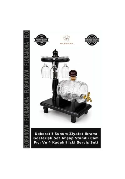 Dekoratif Sunum Ziyafet İkramı Gösterişli Set Ahşap Standlı Cam Fıçı Ve 4 Kadehli İçki Servis Seti Çok Renkli