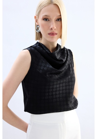 Sateen Puantiye Desenli Kolsuz Bluz - Siyah-136749 Siyah