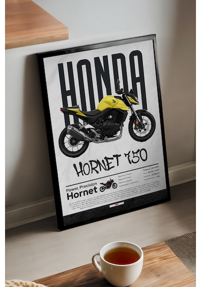 Honda Hornet 750 Siyah Ahşap Çerçeveli Poster, Dekoratif Motosiklet Duvar Tablosu