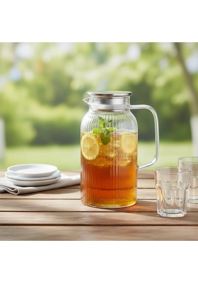 Silikon Fitilli Borosilikat Cam Sürahi 2000 Ml - Metal Kapaklı, Isıya Dayanıklı, Süzgeçli Şef