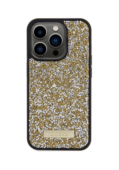 Apple Uyumlu iPhone 15 Pro Kılıf Guess Lisanslı Taşlı Arka Yüzey Metal Yazı Logolu Kapak Siyah