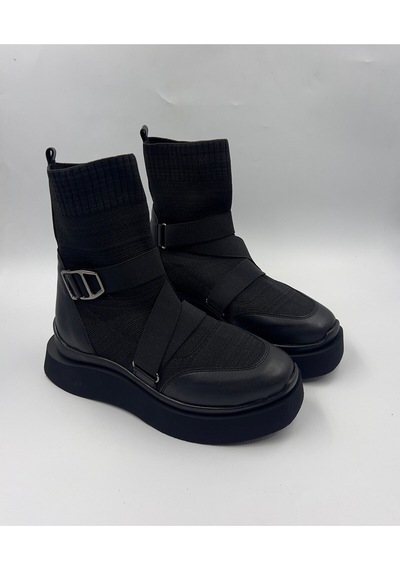Dabab Shoes Katiana Kadın Siyah Lastik Detaylı Rahat Kalın Taban Triko Spor Bot