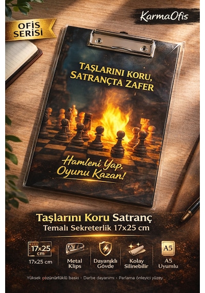 Taşlarını Koru Satranç Temalı Sekreterlik 17x25 Cm A5 Uyumlu Metal Klipsli Dayanıklı Clipboard