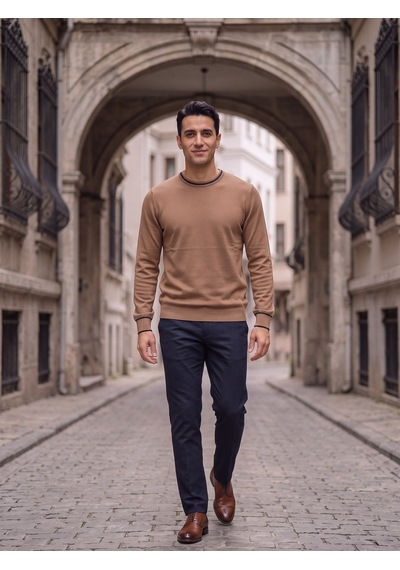 Maccali Erkek Camel Kontrast Şeritli Bisiklet Yaka Triko Sweatshirt