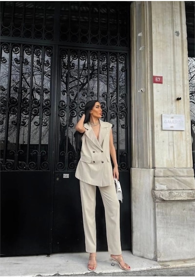 Defymoda Çizgili Uzun Yelek - Pantolon Takım Polviscon - Bej Bej