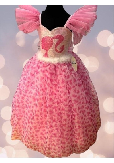 Okay Kız Çocuk Tarlatanlı Barbie Abiye Elbise-13693 Pembe