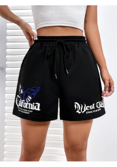 Coolane Butterfly & Letter Graphic Drawstring Waist Şort Siyah