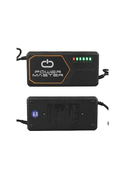 Powermaster Pm-31801 60 Volt - 20 Amper Iec C15 Dişi Uçlu Kapasite Göstergeli Elektrikli Bisiklet Şarj Akü Cihazı Adj160-01 Siyah