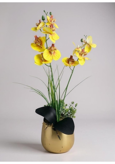 Yapay Çiçek Sarı Islak Orkide Gold Metal Saksıda Saksıda Orkide 50cm