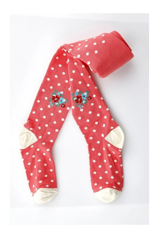 Veraye Socks Çiçek Desen Puanlı Kız Külotlu Çorap Pamuklu Penye 3'lü Kırmızı-mor-pembe