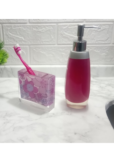 SIVI SABUNLUK,DİŞ FIRÇALIK 2 Lİ BANYO SETİ,GRİ PEMBE VE ÇİÇEKLİ Gri - Pembe