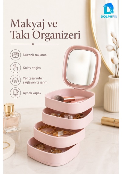 Aynalı 4 Katlı Kare Makyaj Ve Kozmetik Organizer Banyo Dolap Düzenleyici Pembe