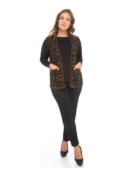 Kadın Etnik Model Triko Örgü Kilim Yelek 1070-siyah Siyah