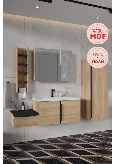 Zakkum 120 Cm %100 Mdf Lavabolu Banyo Dolabı Dolaplı Aynalı Üst Dolap Boy Dolabı Havluluk Lefkas Meşe Zakkum 120 Cm %100 Mdf Lavabolu Banyo Dolabı Dolaplı Aynalı Üst Dolap Boy Dolabı Havluluk Lefkas Meşe