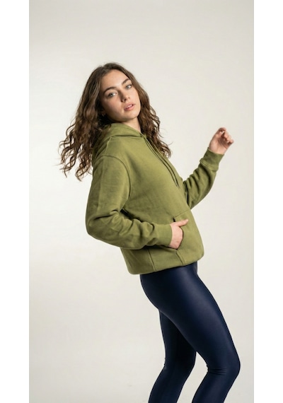 Hoxie Unisex Rahat Kesim Pamuklu Yumuşak Dokulu İçi Polarlı Basic Desenli Kapüşonlu Sweatshirt Yeşil