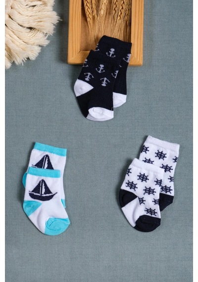 Cocole Socks Erkek Çocuk Soket Çorabı 3 Lü Set Pamuklu Dümen & Yelkenli & Çapa Desenli Çok Renkli