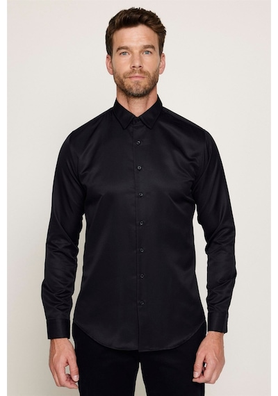 Tudors Slim Fit Uzun Kollu Kolay Ütü Teri Emen Nefes Alan Doku Kravatlık Dört Mevsim Erkek Gömlek Siyah