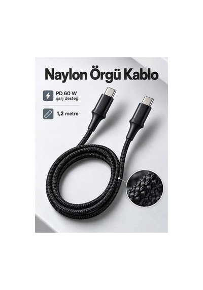 Telefon Ve Tablet İçin Type C To Type C Örgülü Şarj Kablosu Siyah