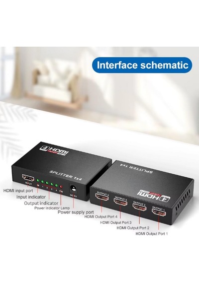 4 Portlu Hdmı Splitter Dağıtıcı, 1 Giriş 4 Çıkışlı, Aynı Anda Görüntü Dağıtımı, 1.4v 1080p