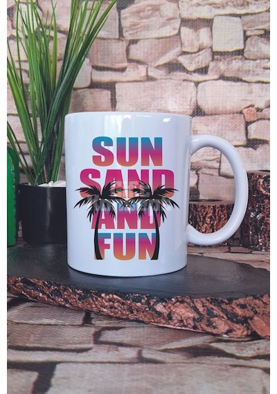 Sun Sand And Fun Baskılı Hediyelik Kupa Bardak Beyaz