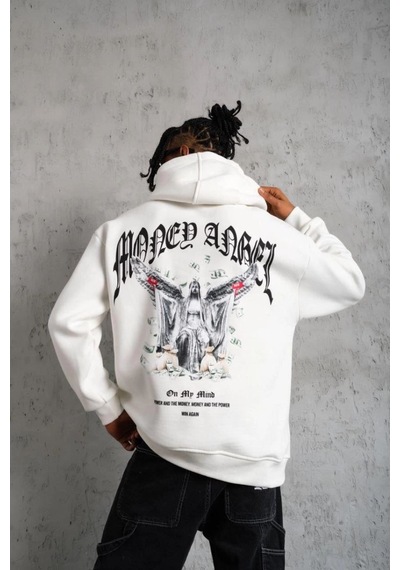 Erkek 3 İplik Pamuklu Baskılı Kapüşonlu Cepli Sweatshirt Hoodie - Beyaz