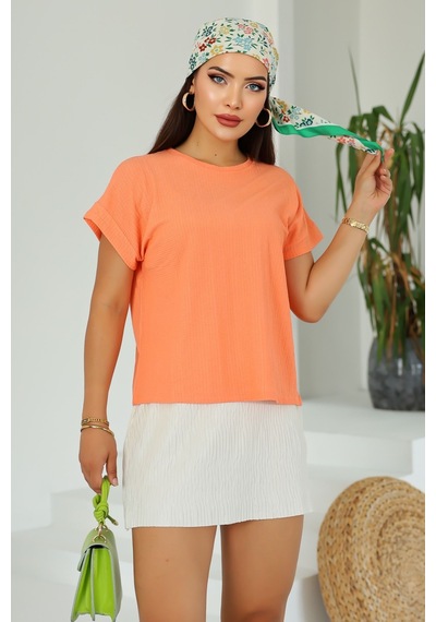 Lupinn Moda Kadın Turuncu Basic Kısa Kollu Yuvarlak Yaka Yazlık Rahat Fit Bluz - Üst - T-shirt Turuncu