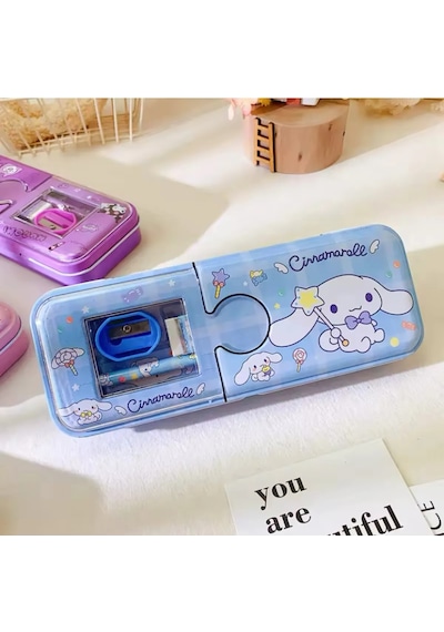 Kawaii Sanrio Kuromi Metal Kalem Kutusu Kırtasiye Seti Cinnamoroll Kuromi Kalemlik Hediye Seti Mavi