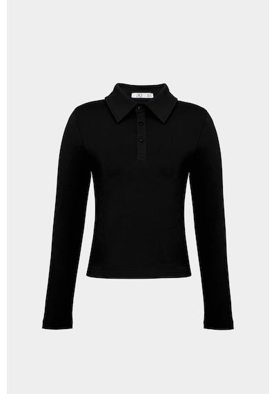 Açelyaokcu Premium Polo Yaka Vatka Detaylı Pamuklu Fit Tişört Siyah