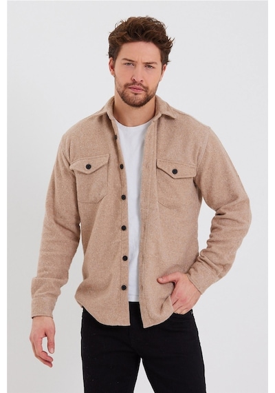 Erkek Vizon Çift Cep Kapaklı Slim Fit Oduncu Gömlek-odg001r9503s Vizon