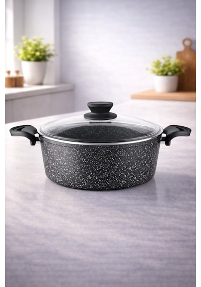Diez 20 cm Granit Derin Tencere Siyah Cam Kapaklı Yapışmaz