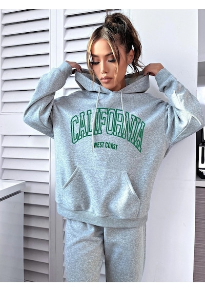 Eşofman Takımı Sweatshirt Jogger - Gri Baskılı Oversize Şardonlu Kapüşonlu Gri