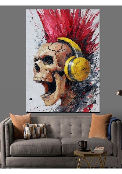 Kulaklıklı Punk Kuru Kafa Dekoratif Kanvas - Mdf Ahşap Tablo