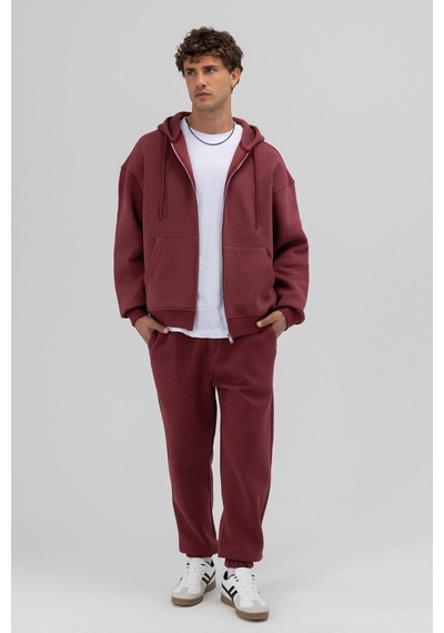 Vamos Basic Fermuarlı Oversize Kapüşonlu Sweatshirt Bordo