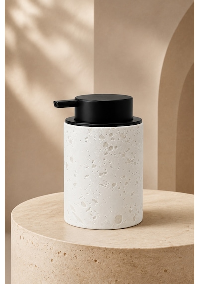 Terra Stoneware Traverten Dokulu Siyah Pompalı Dekoratif Sıvı Sabunluk 500 Ml , 13 X 7.5 Cm Beyaz