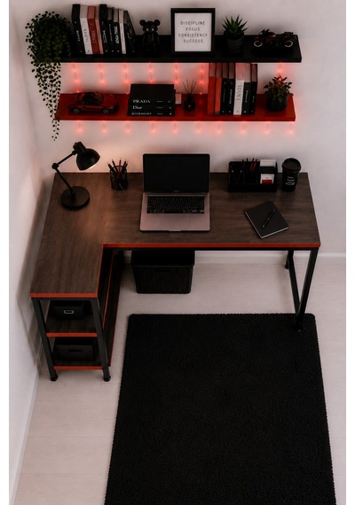Siyah/kırmızı L Masa, Kitaplıklı, Raflı, 120 Cm Çalışma Masası, Bilgisayar, Pc, Oyuncu, Gaming Masası Metal Ayaklı
